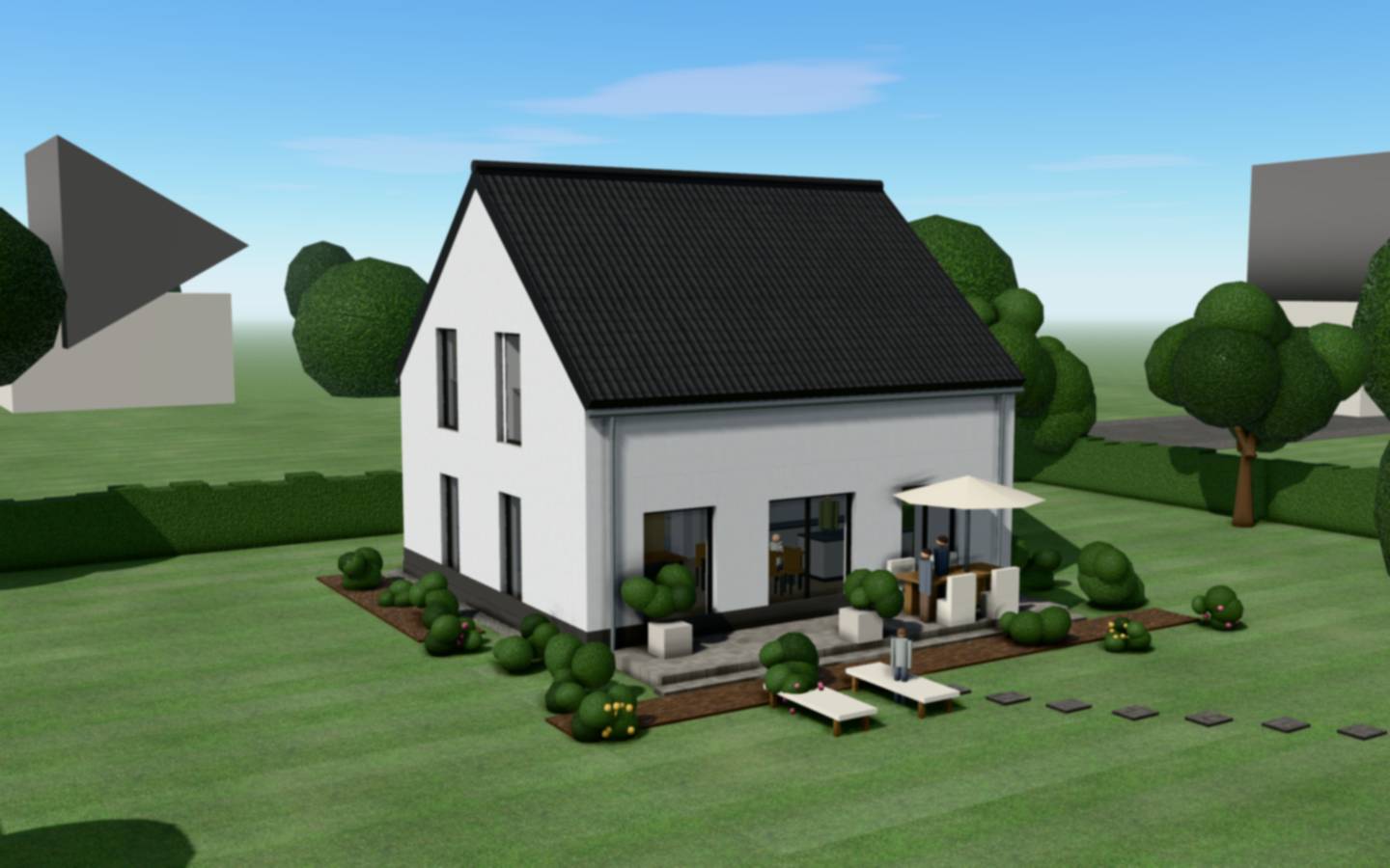 Das Haus von Südwesten, Garten und Terrasse