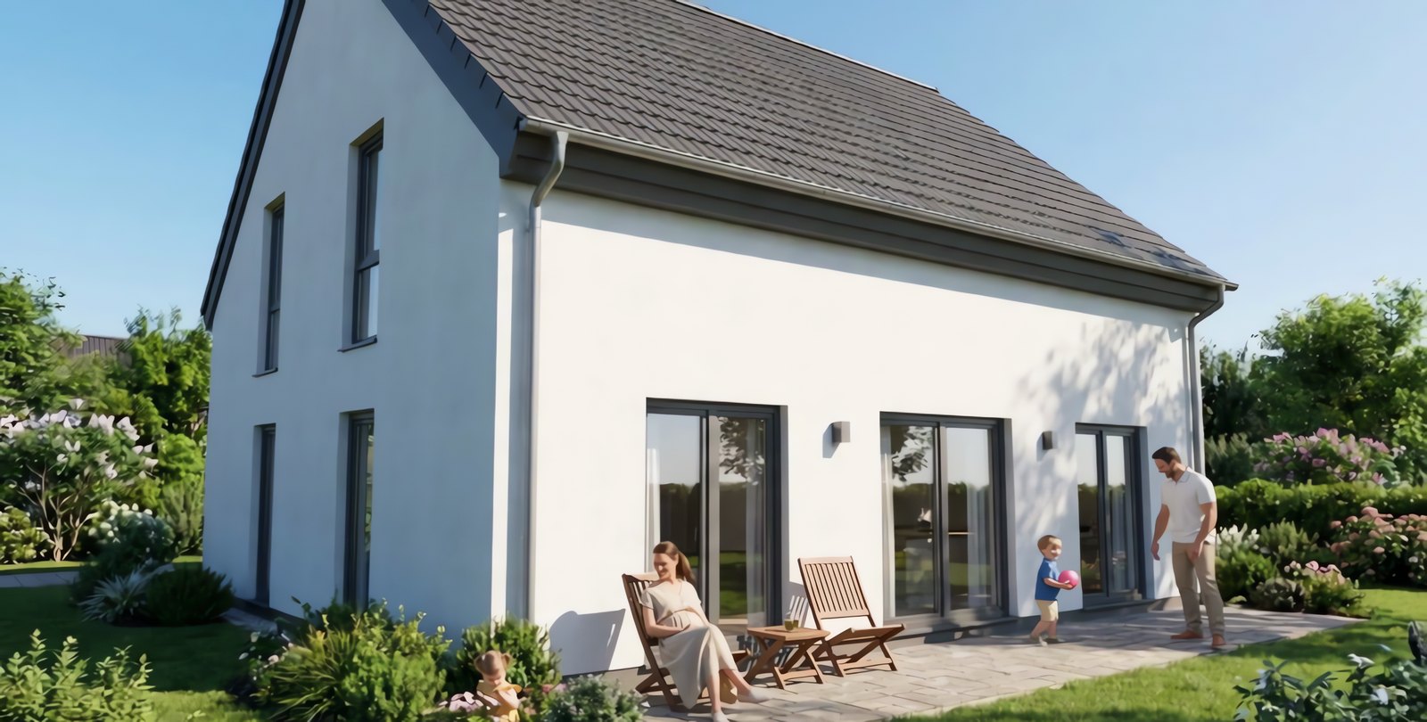 EH40 von der Gartenseite, Familie auf der Terrasse
